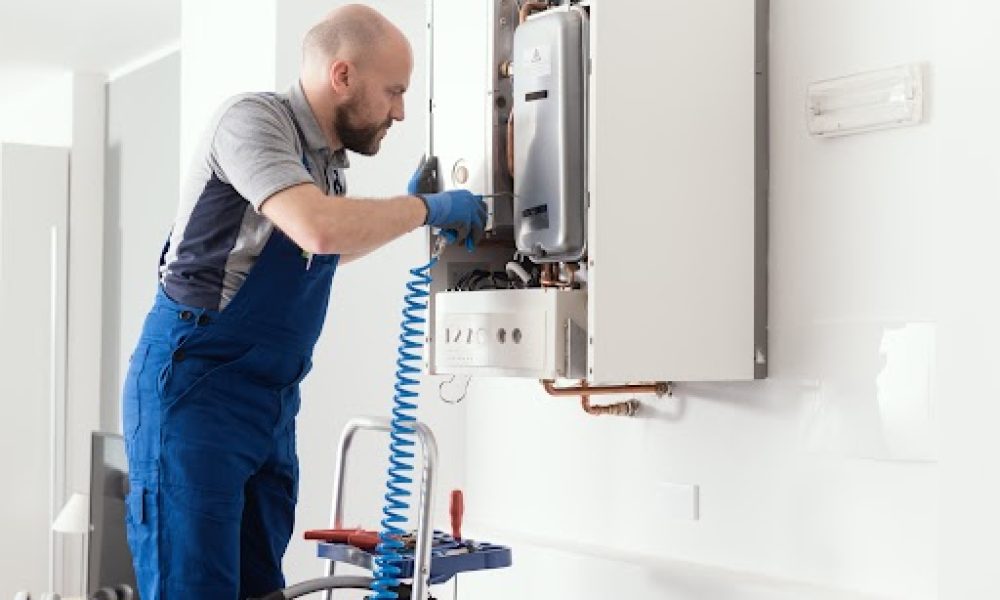 Gas engineer checking and cleaning a boiler during the inspection at home